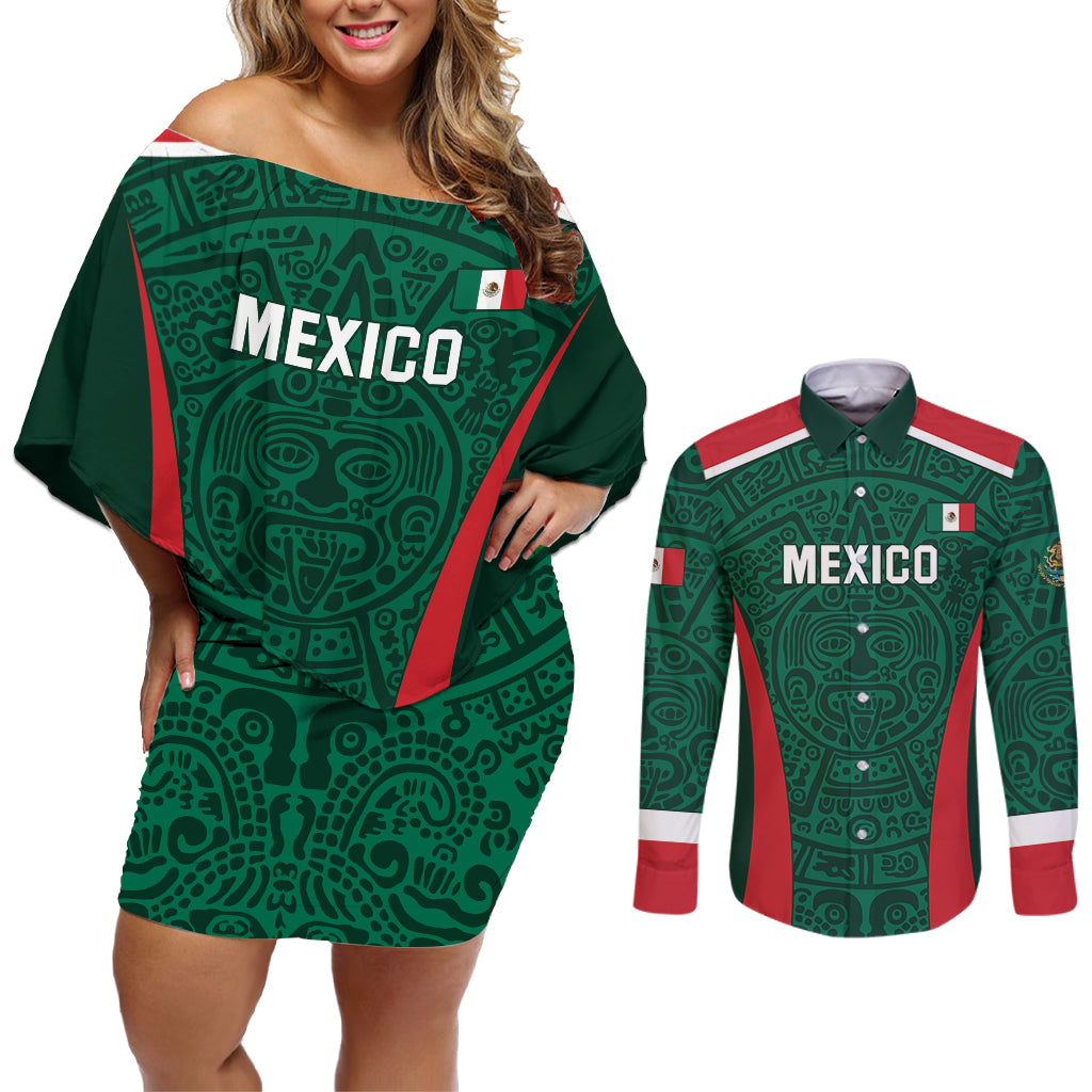 Personalized Mexico 2024 Football Couples Matching Off Shoulder Short Dress and Long Sleeve Button Shirt El Tri Go Champion - Wonder Print Shop