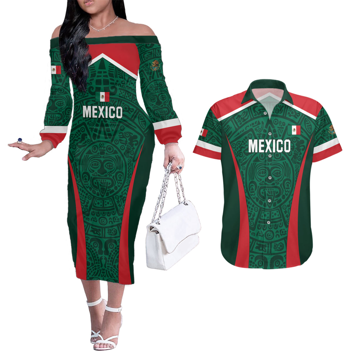 Personalized Mexico 2024 Football Couples Matching Off The Shoulder Long Sleeve Dress and Hawaiian Shirt El Tri Go Champion - Wonder Print Shop