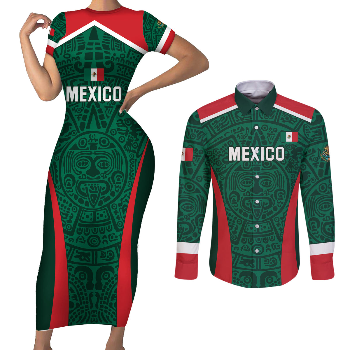 Personalized Mexico 2024 Football Couples Matching Short Sleeve Bodycon Dress and Long Sleeve Button Shirt El Tri Go Champion - Wonder Print Shop