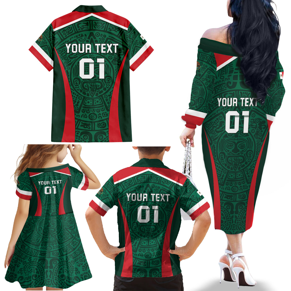 Personalized Mexico 2024 Football Family Matching Off The Shoulder Long Sleeve Dress and Hawaiian Shirt El Tri Go Champion - Wonder Print Shop