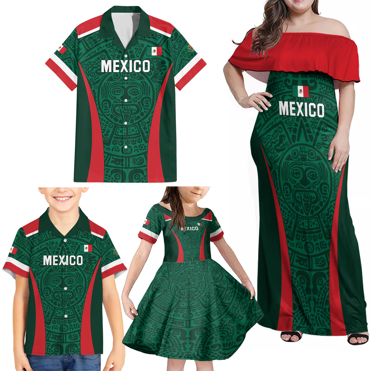 Personalized Mexico 2024 Football Family Matching Off Shoulder Maxi Dress and Hawaiian Shirt El Tri Go Champion - Wonder Print Shop
