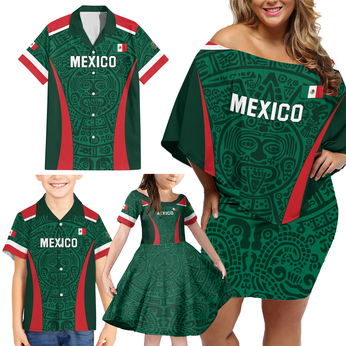 Personalized Mexico 2024 Football Family Matching Off Shoulder Short Dress and Hawaiian Shirt El Tri Go Champion - Wonder Print Shop