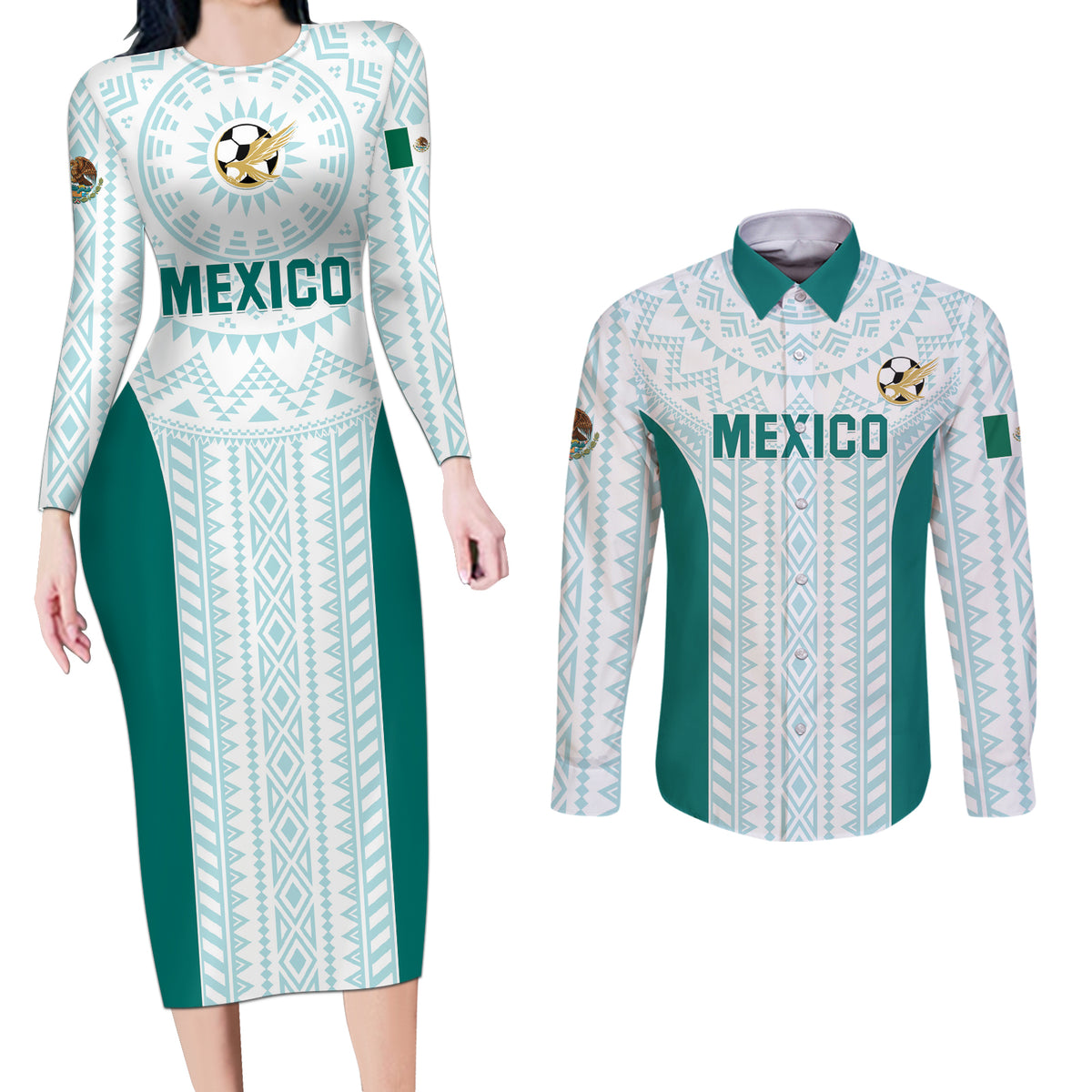 Personalized Mexico 2024 Football Couples Matching Long Sleeve Bodycon Dress and Long Sleeve Button Shirt El Tri Special Version - Wonder Print Shop