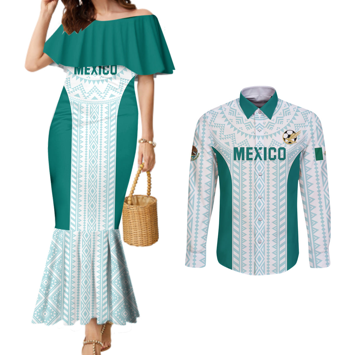 Personalized Mexico 2024 Football Couples Matching Mermaid Dress and Long Sleeve Button Shirt El Tri Special Version