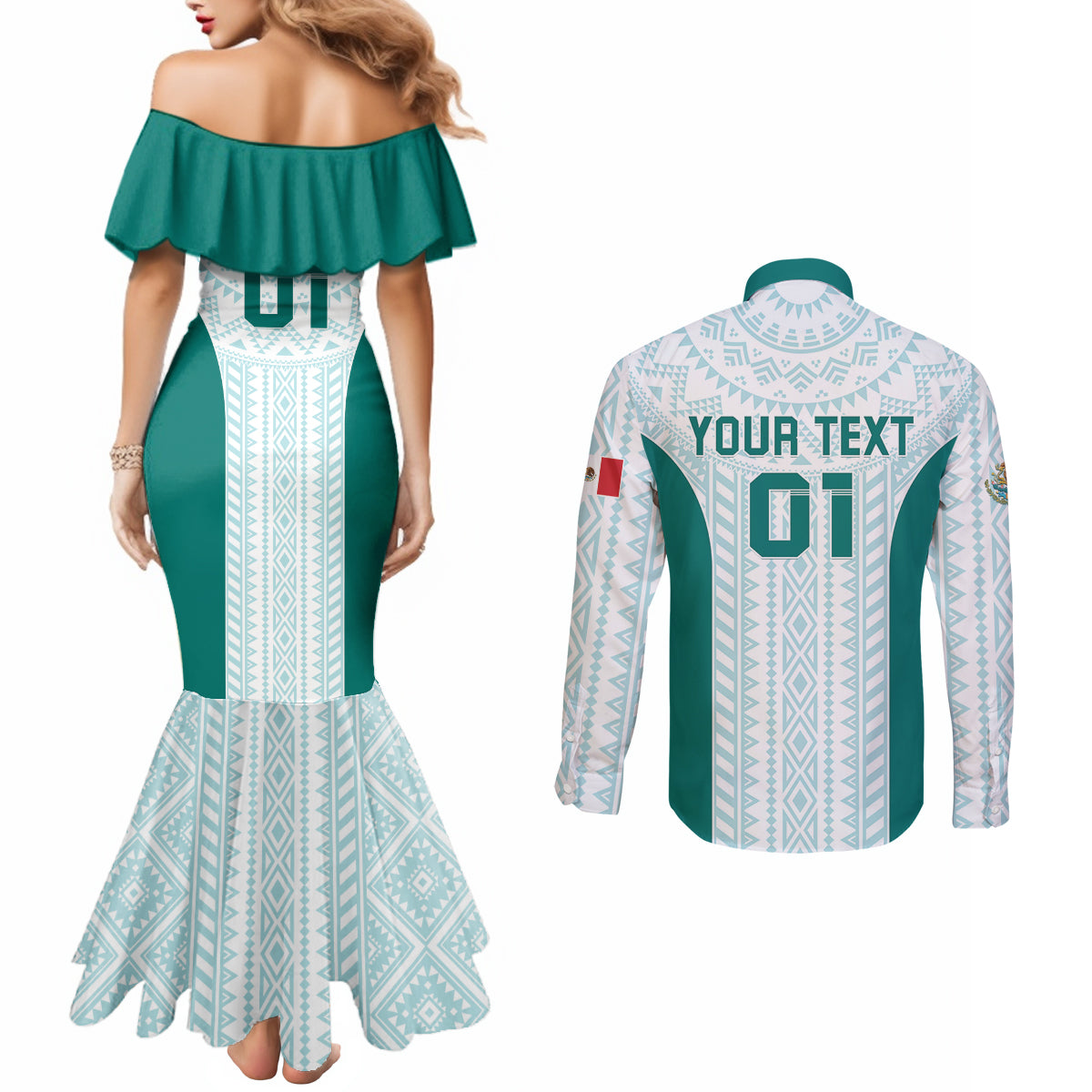Personalized Mexico 2024 Football Couples Matching Mermaid Dress and Long Sleeve Button Shirt El Tri Special Version