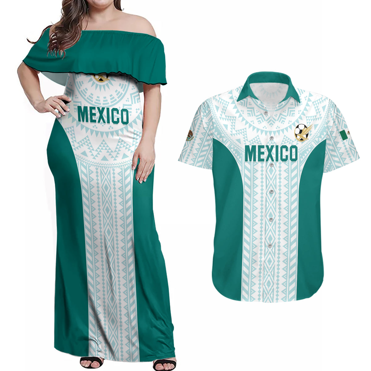 Personalized Mexico 2024 Football Couples Matching Off Shoulder Maxi Dress and Hawaiian Shirt El Tri Special Version - Wonder Print Shop