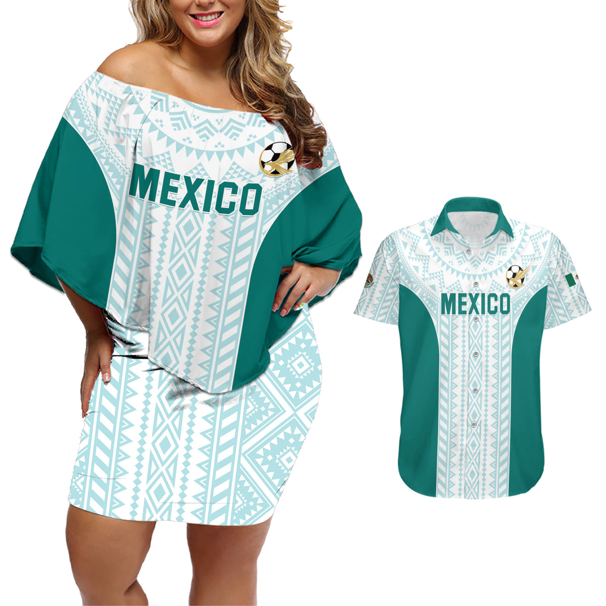 Personalized Mexico 2024 Football Couples Matching Off Shoulder Short Dress and Hawaiian Shirt El Tri Special Version - Wonder Print Shop