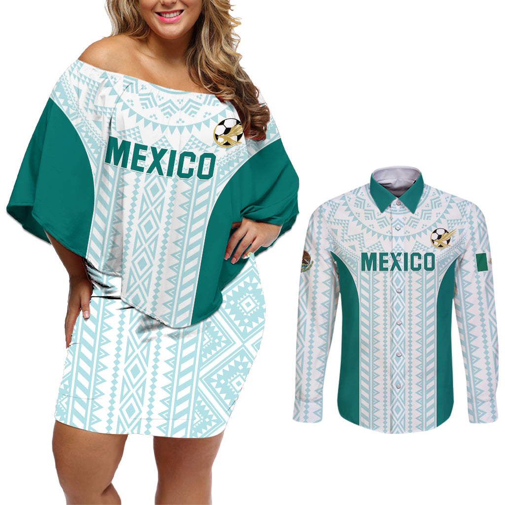 Personalized Mexico 2024 Football Couples Matching Off Shoulder Short Dress and Long Sleeve Button Shirt El Tri Special Version - Wonder Print Shop
