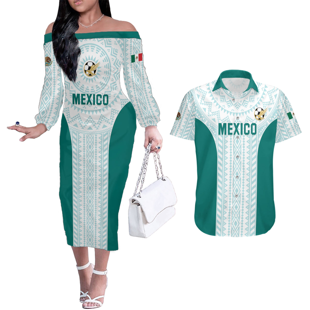 Personalized Mexico 2024 Football Couples Matching Off The Shoulder Long Sleeve Dress and Hawaiian Shirt El Tri Special Version - Wonder Print Shop