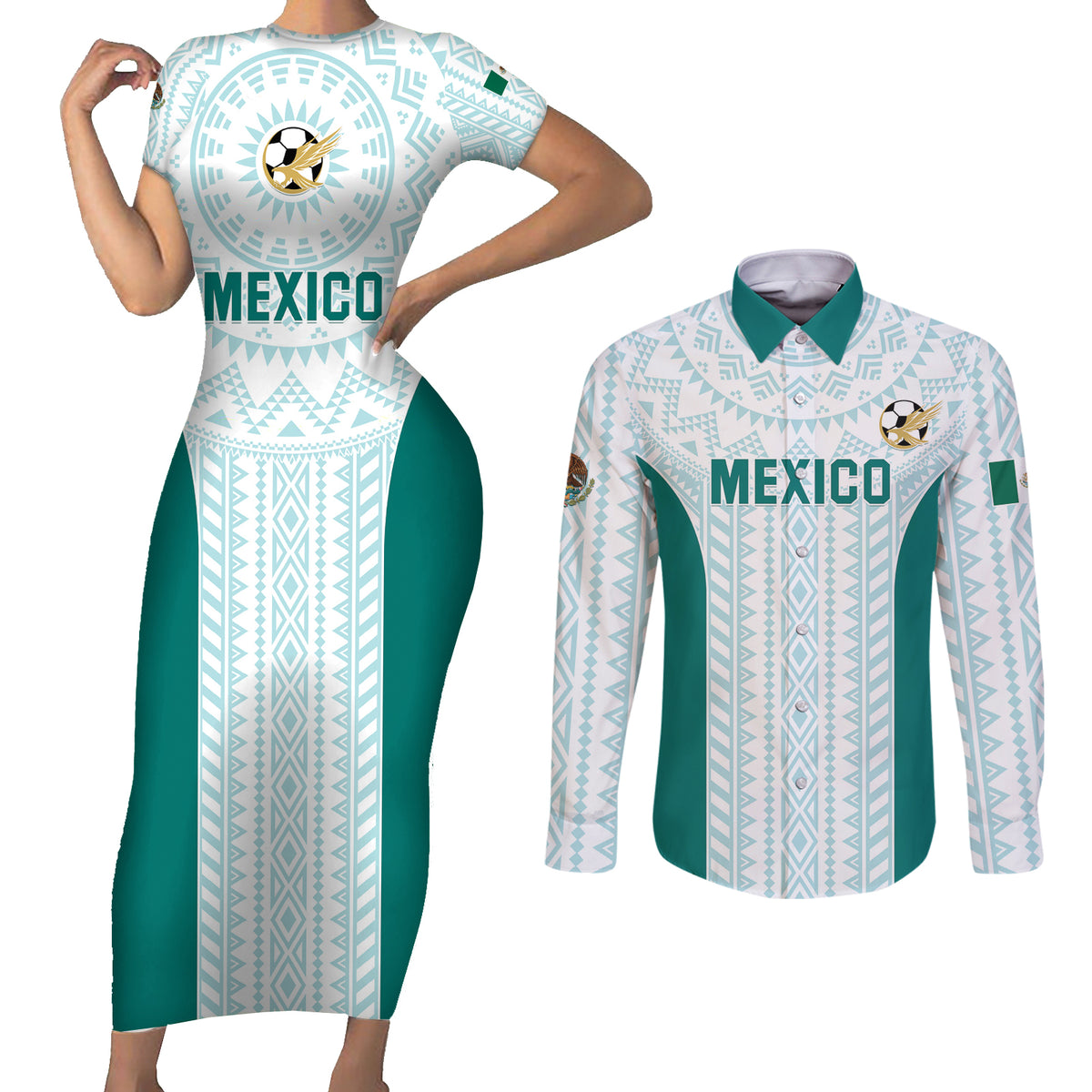 Personalized Mexico 2024 Football Couples Matching Short Sleeve Bodycon Dress and Long Sleeve Button Shirt El Tri Special Version - Wonder Print Shop