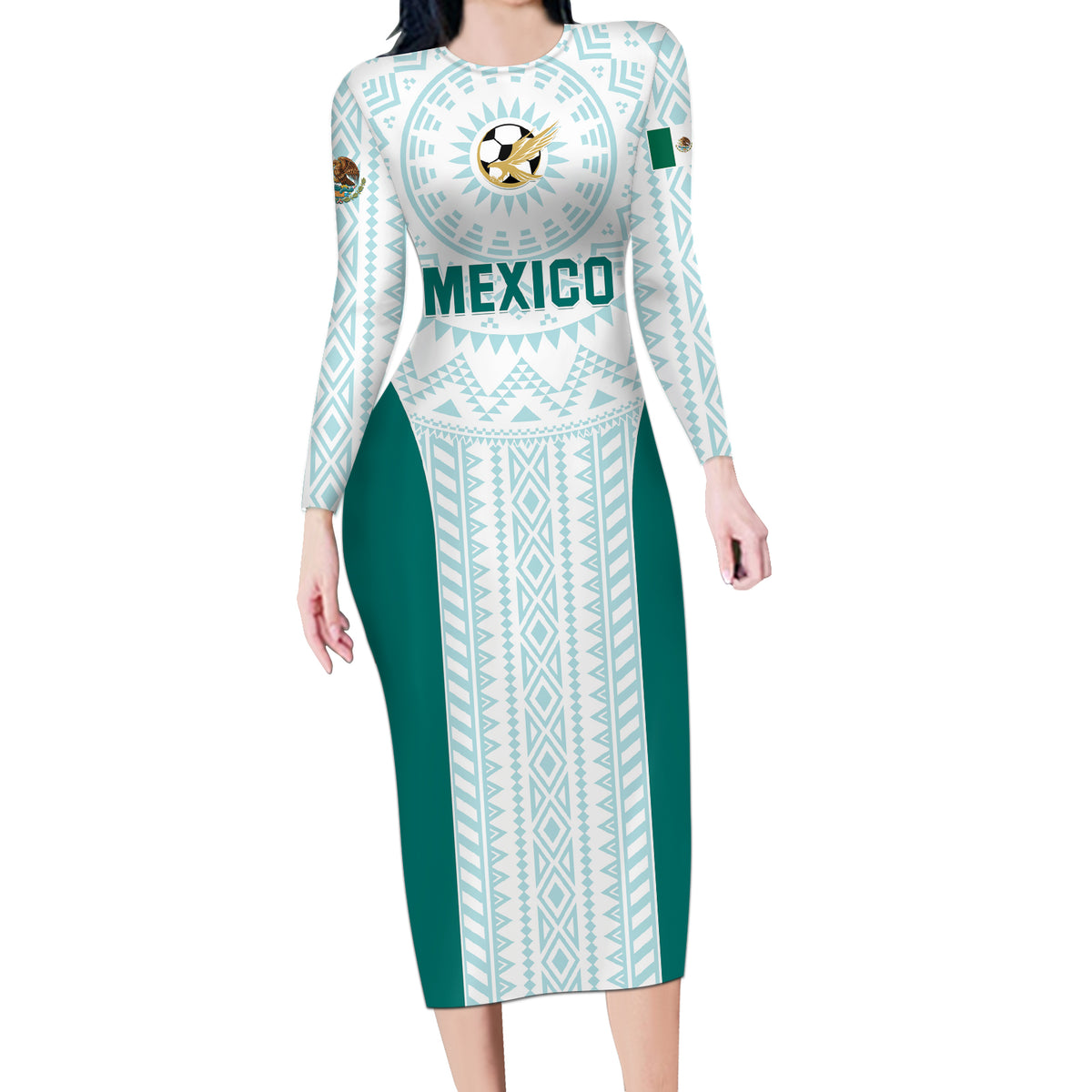 Personalized Mexico 2024 Football Long Sleeve Bodycon Dress El Tri Special Version - Wonder Print Shop