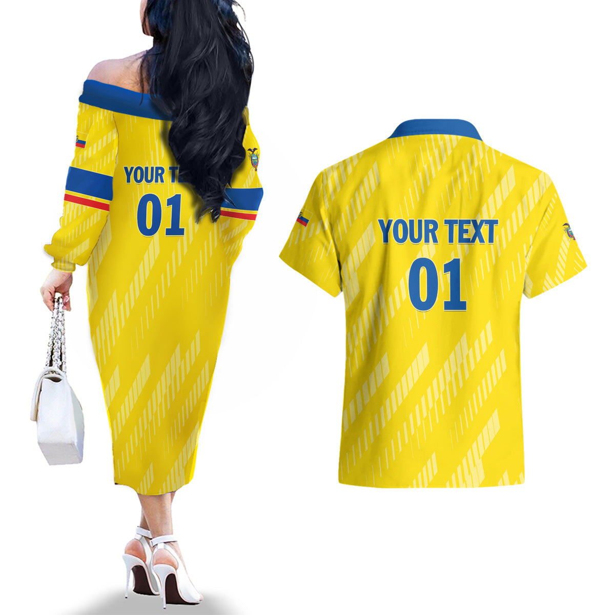 Personalized Ecuador 2024 Football Couples Matching Off The Shoulder Long Sleeve Dress and Hawaiian Shirt Come On La Tri - Wonder Print Shop