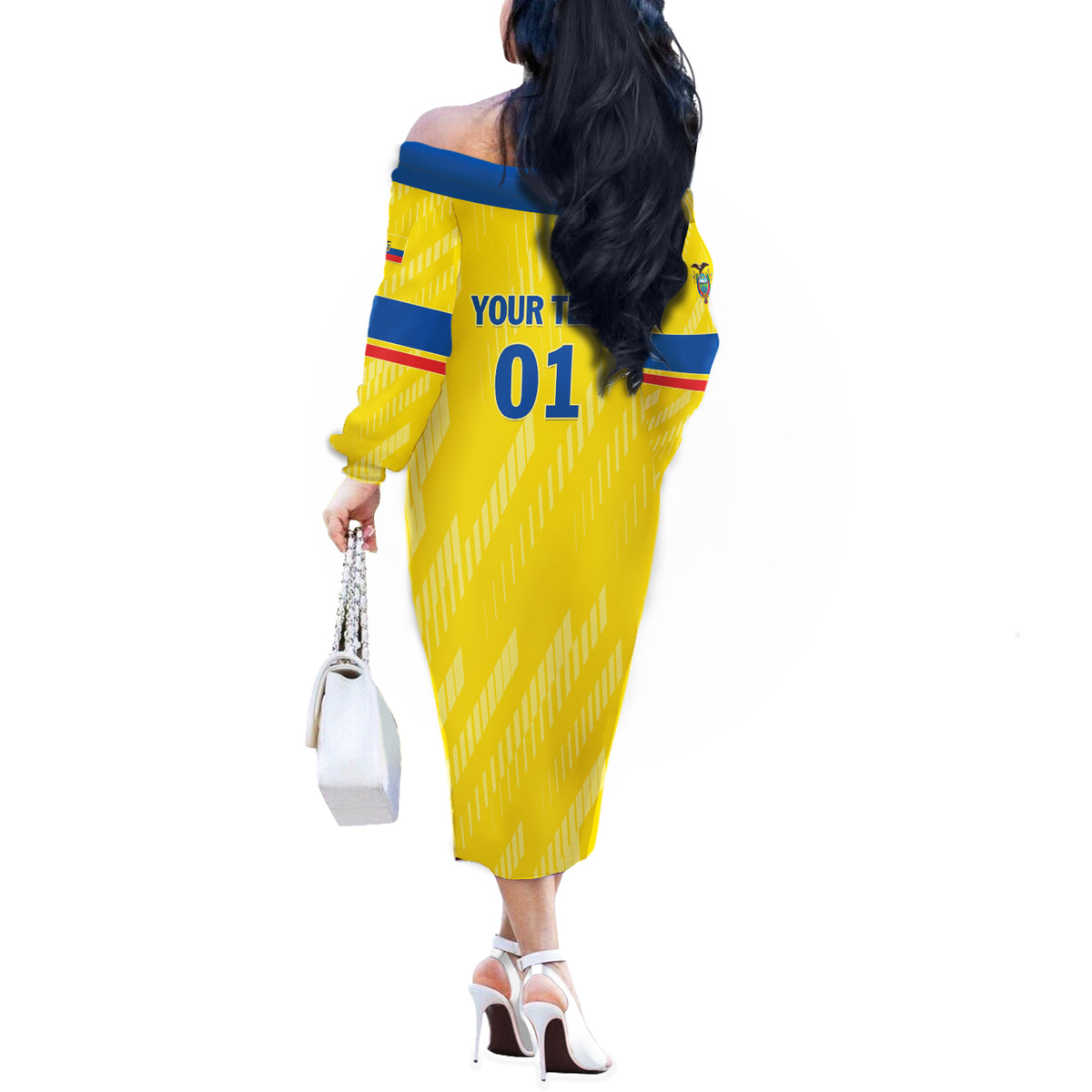 Personalized Ecuador 2024 Football Off The Shoulder Long Sleeve Dress Come On La Tri - Wonder Print Shop