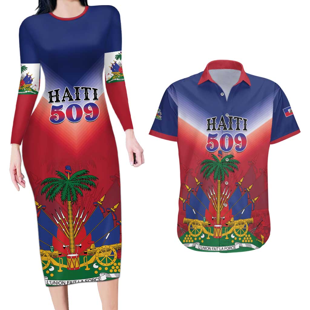 Personalized Haiti 509 Couples Matching Long Sleeve Bodycon Dress and Hawaiian Shirt Repiblik d Ayiti