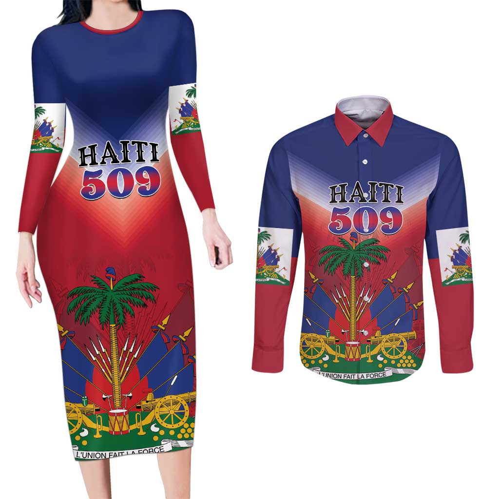 Personalized Haiti 509 Couples Matching Long Sleeve Bodycon Dress and Long Sleeve Button Shirt Repiblik d Ayiti
