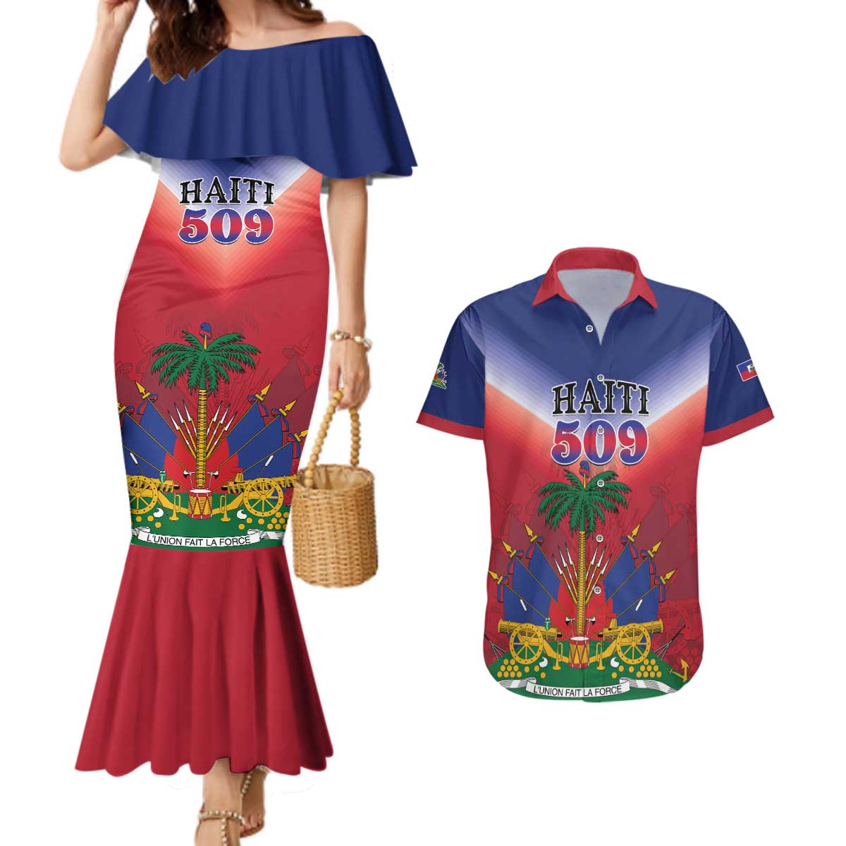 Personalized Haiti 509 Couples Matching Mermaid Dress and Hawaiian Shirt Repiblik d Ayiti