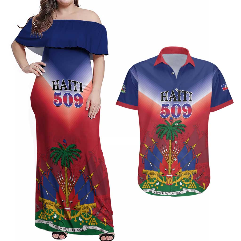 Personalized Haiti 509 Couples Matching Off Shoulder Maxi Dress and Hawaiian Shirt Repiblik d Ayiti