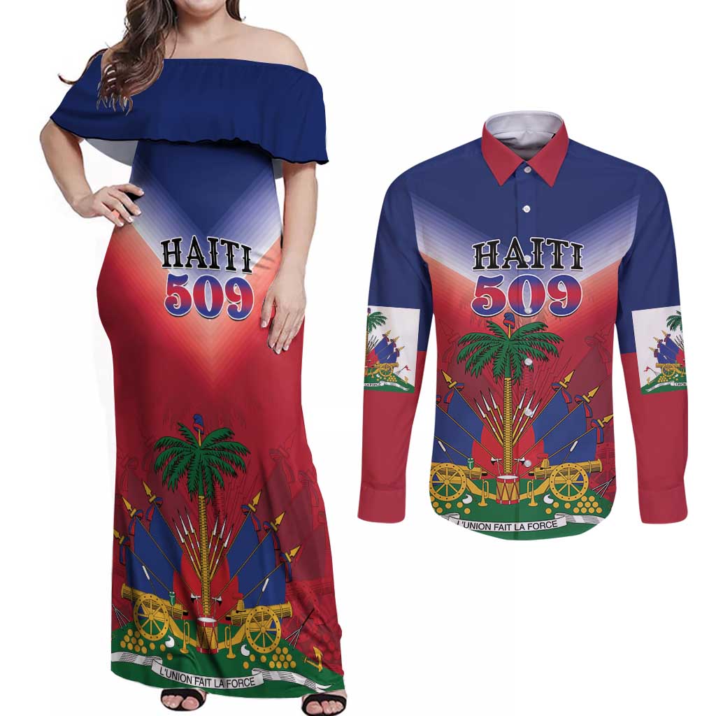 Personalized Haiti 509 Couples Matching Off Shoulder Maxi Dress and Long Sleeve Button Shirt Repiblik d Ayiti
