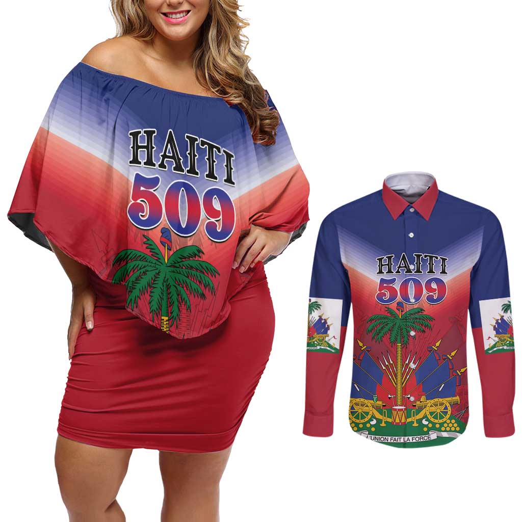 Personalized Haiti 509 Couples Matching Off Shoulder Short Dress and Long Sleeve Button Shirt Repiblik d Ayiti