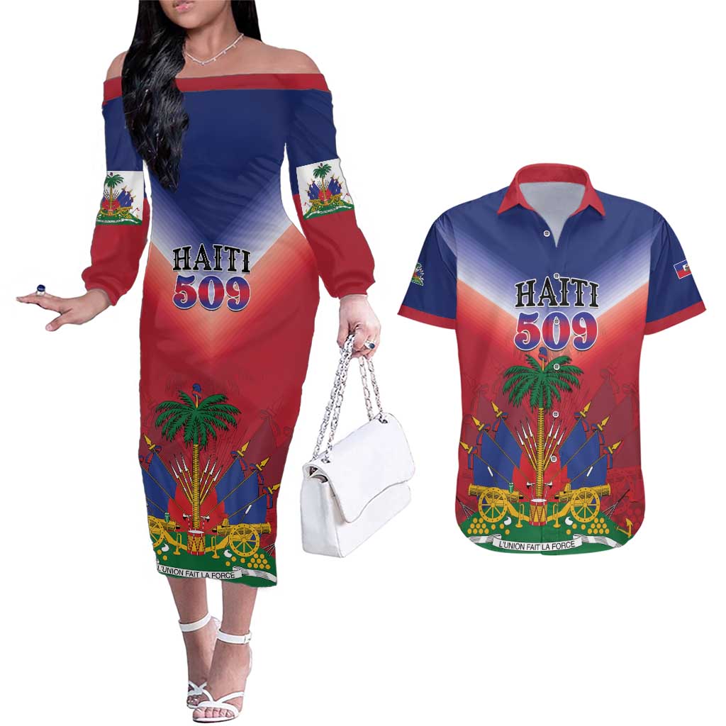 Personalized Haiti 509 Couples Matching Off The Shoulder Long Sleeve Dress and Hawaiian Shirt Repiblik d Ayiti