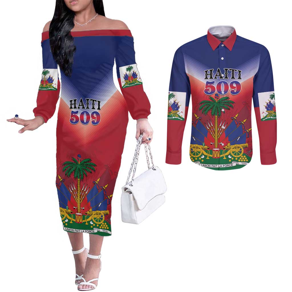 Personalized Haiti 509 Couples Matching Off The Shoulder Long Sleeve Dress and Long Sleeve Button Shirt Repiblik d Ayiti