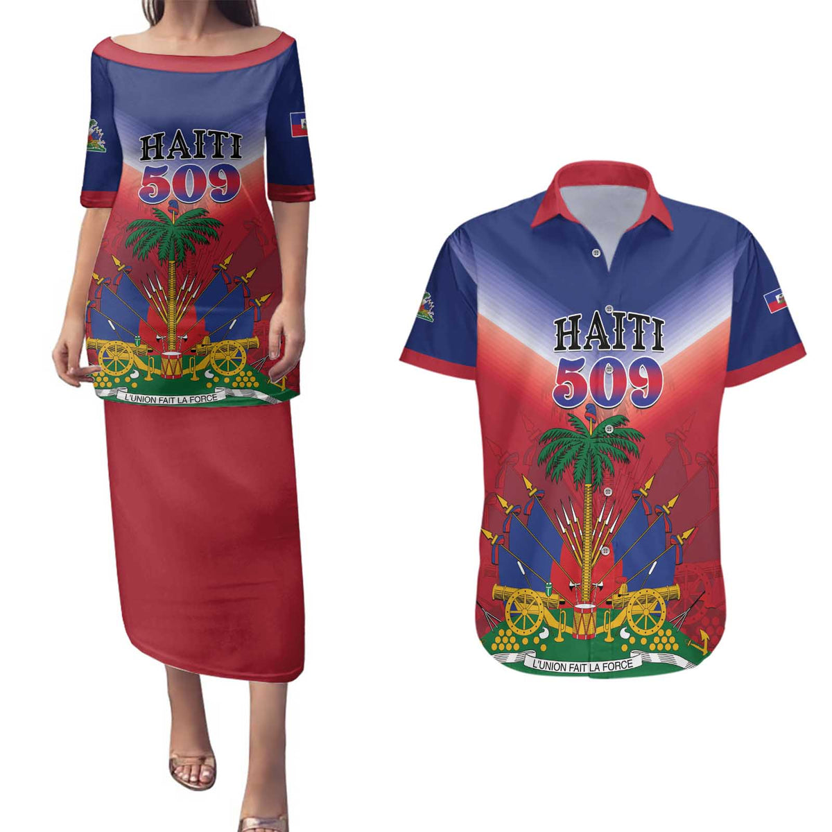 Personalized Haiti 509 Couples Matching Puletasi and Hawaiian Shirt Repiblik d Ayiti