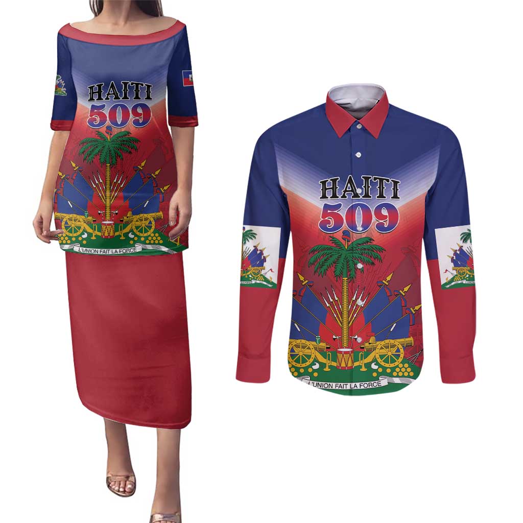 Personalized Haiti 509 Couples Matching Puletasi and Long Sleeve Button Shirt Repiblik d Ayiti