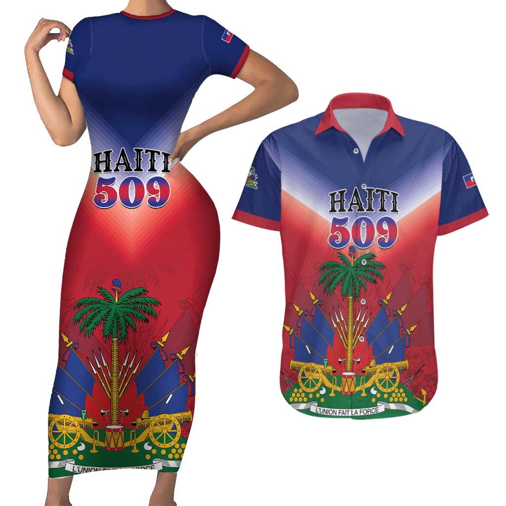 Personalized Haiti 509 Couples Matching Short Sleeve Bodycon Dress and Hawaiian Shirt Repiblik d Ayiti