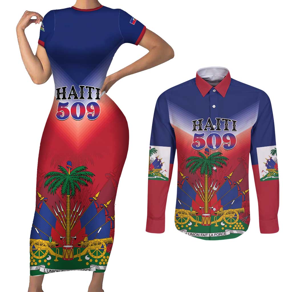 Personalized Haiti 509 Couples Matching Short Sleeve Bodycon Dress and Long Sleeve Button Shirt Repiblik d Ayiti