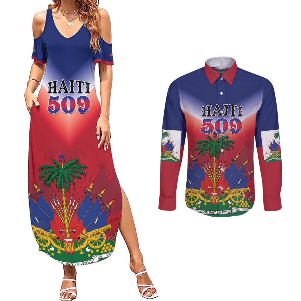 Personalized Haiti 509 Couples Matching Summer Maxi Dress and Long Sleeve Button Shirt Repiblik d Ayiti