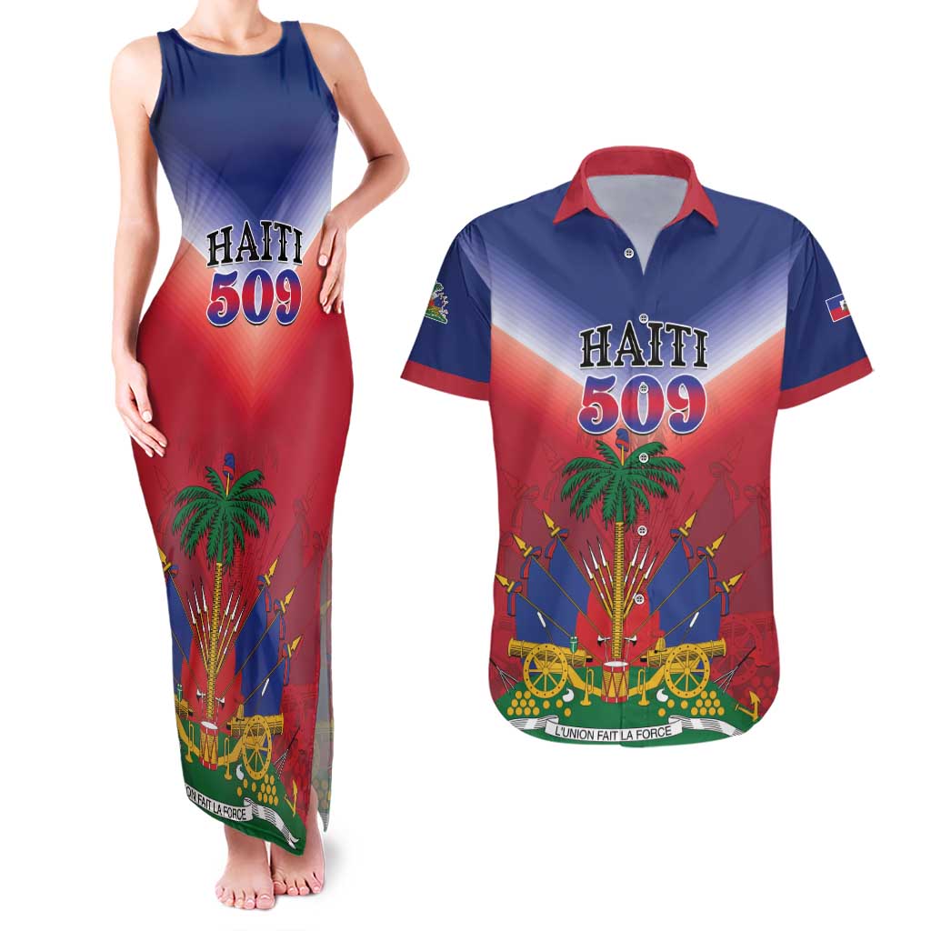 Personalized Haiti 509 Couples Matching Tank Maxi Dress and Hawaiian Shirt Repiblik d Ayiti