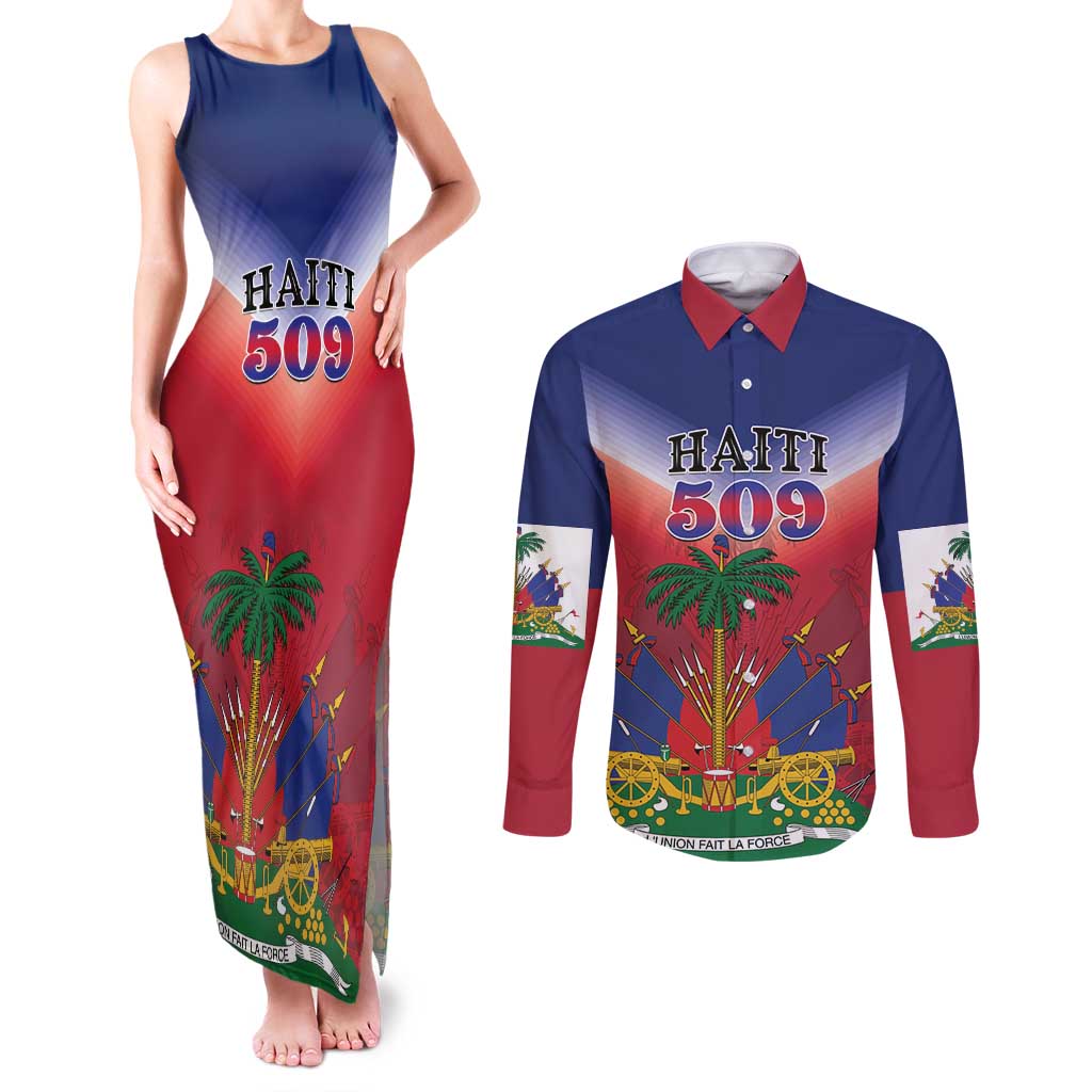 Personalized Haiti 509 Couples Matching Tank Maxi Dress and Long Sleeve Button Shirt Repiblik d Ayiti