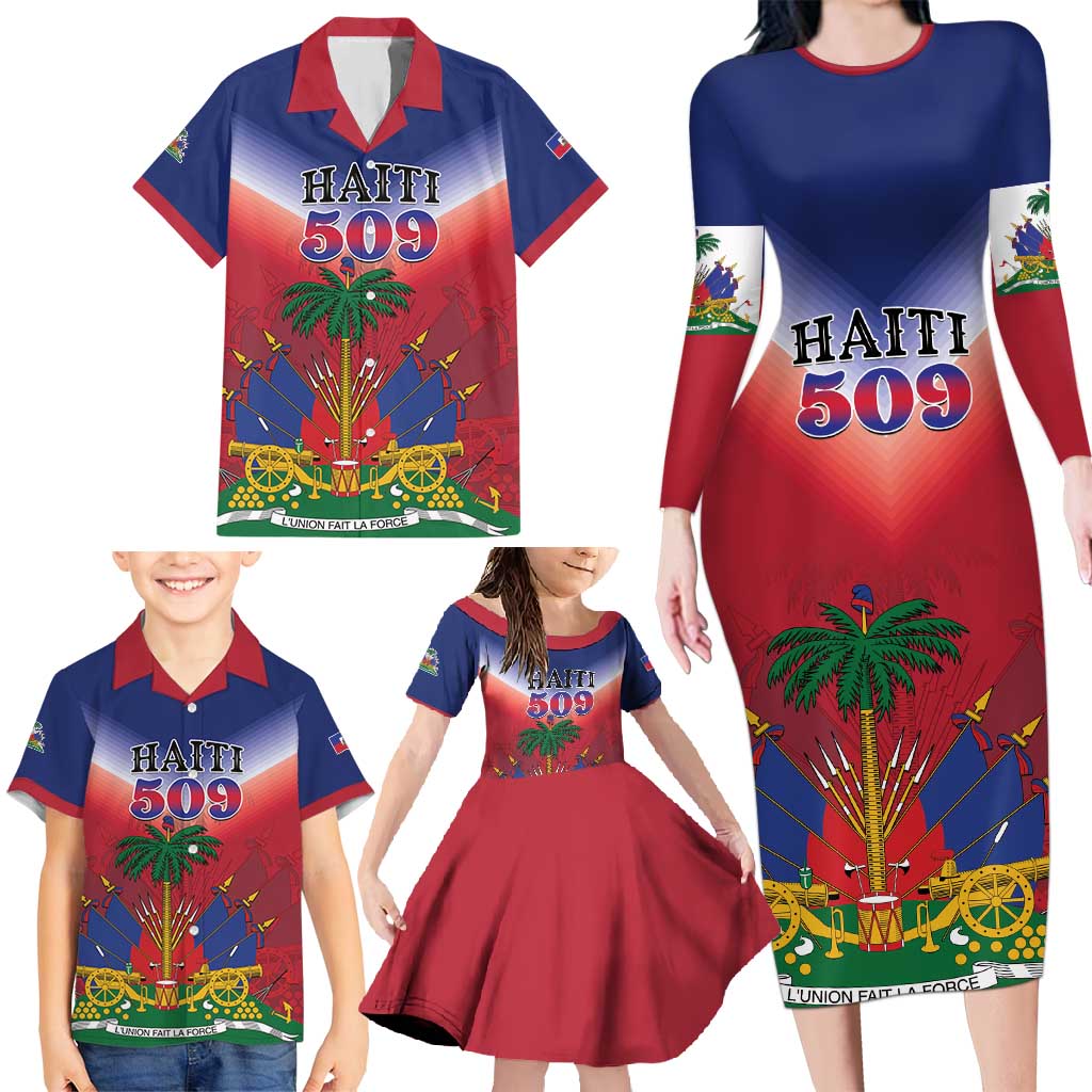 Personalized Haiti 509 Family Matching Long Sleeve Bodycon Dress and Hawaiian Shirt Repiblik d Ayiti