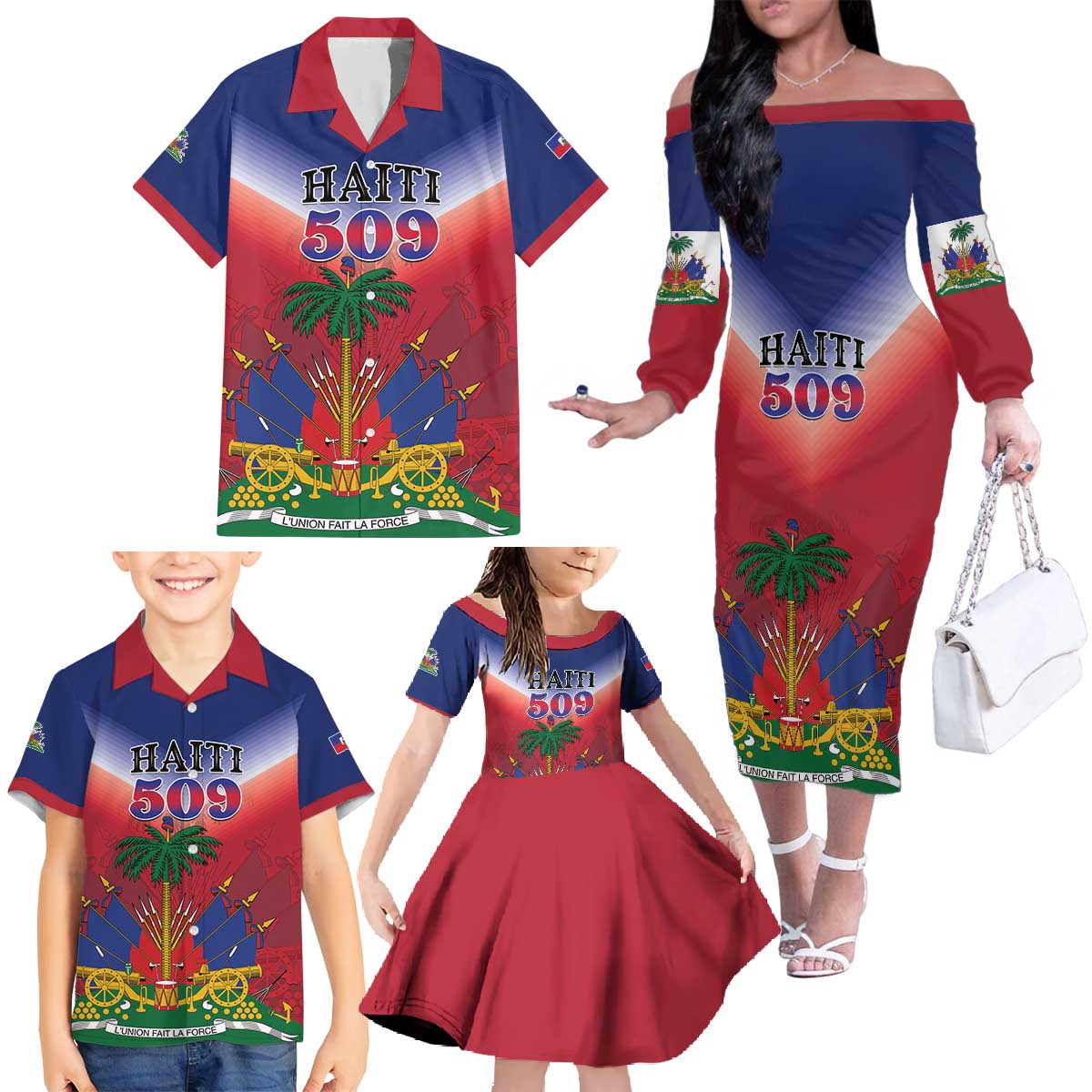 Personalized Haiti 509 Family Matching Off The Shoulder Long Sleeve Dress and Hawaiian Shirt Repiblik d Ayiti