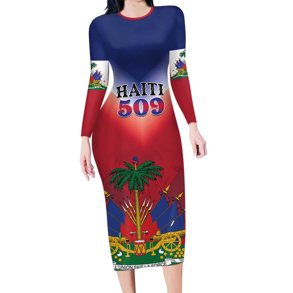 Personalized Haiti 509 Long Sleeve Bodycon Dress Repiblik d Ayiti