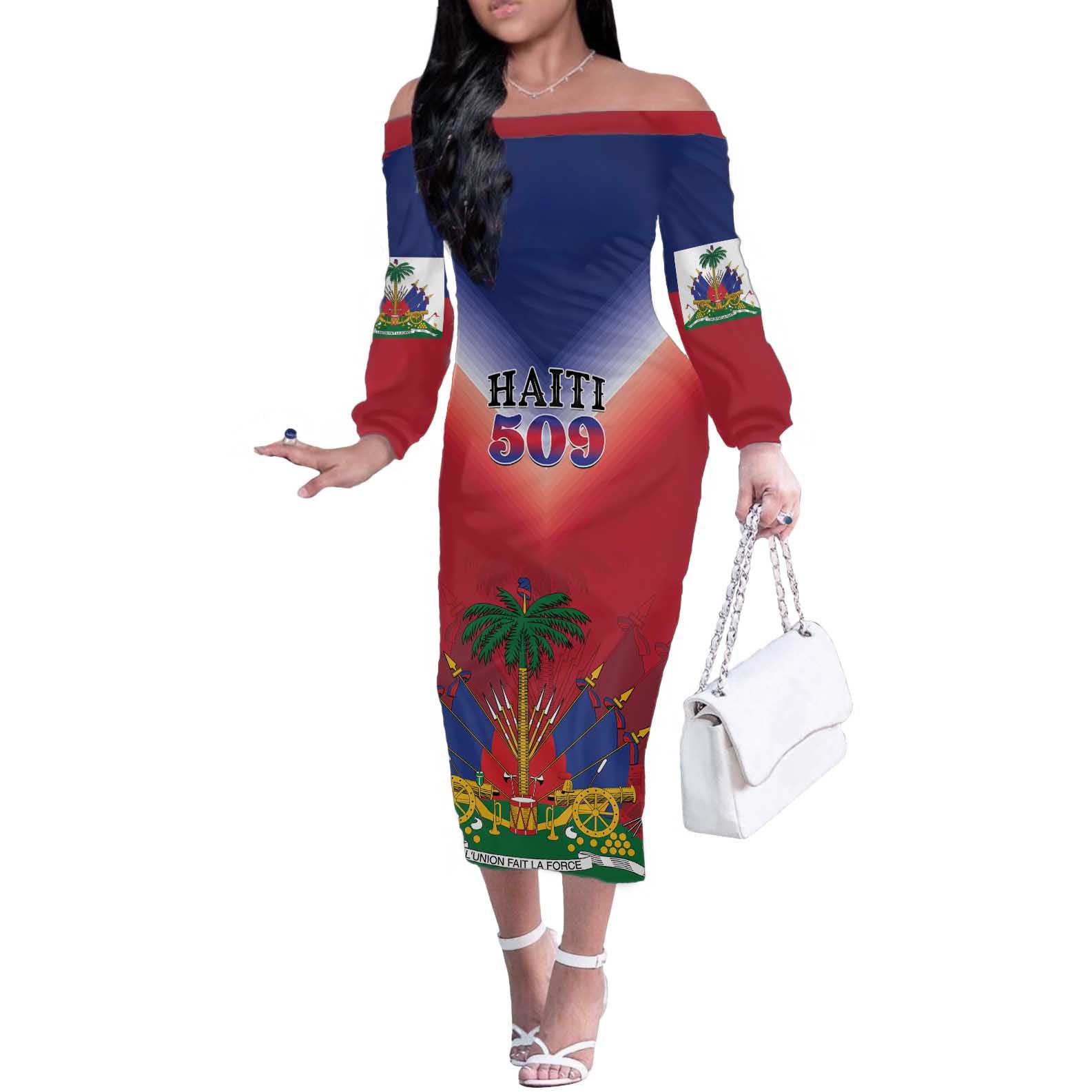 Personalized Haiti 509 Off The Shoulder Long Sleeve Dress Repiblik d Ayiti