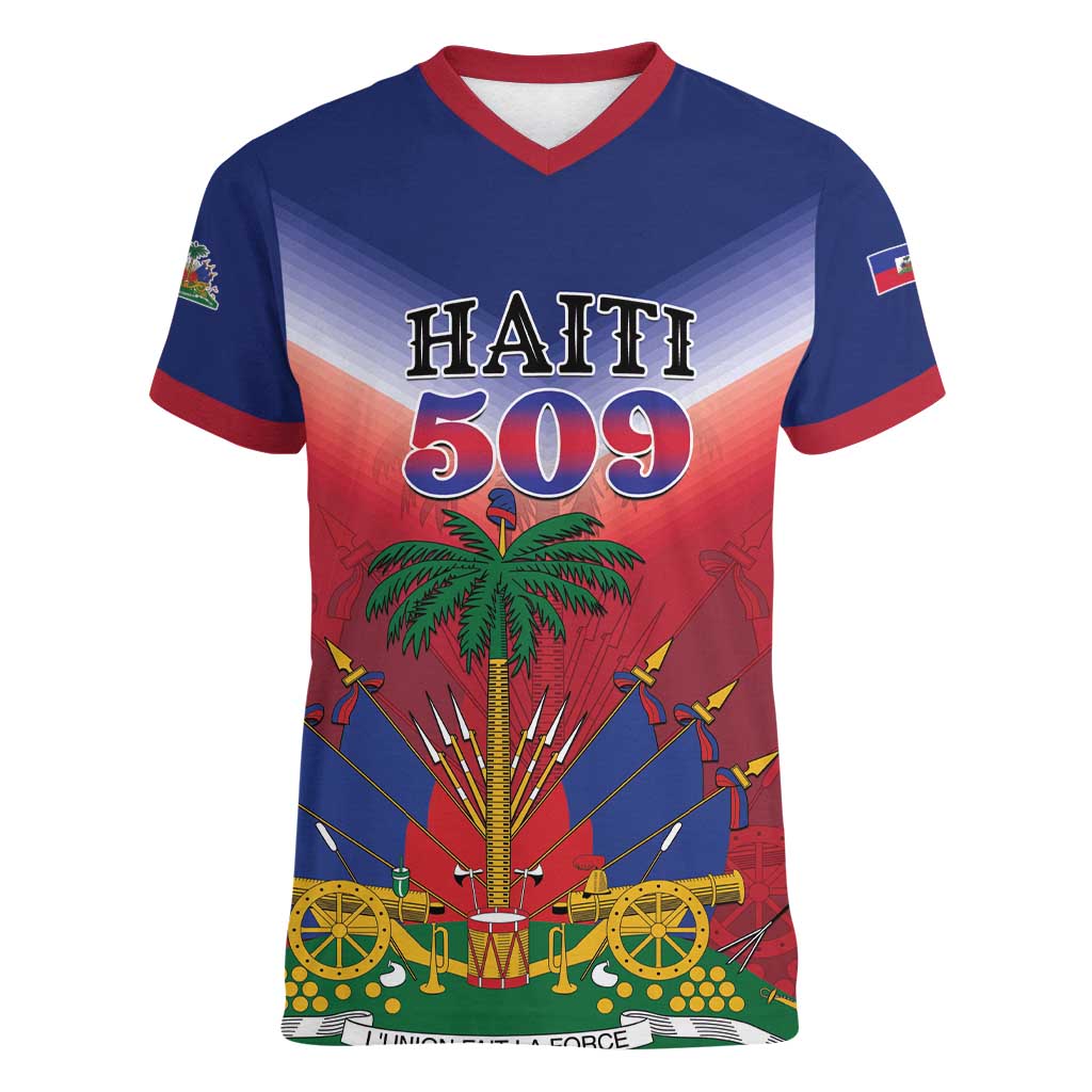 Personalized Haiti 509 Women V-Neck T-Shirt Repiblik d Ayiti