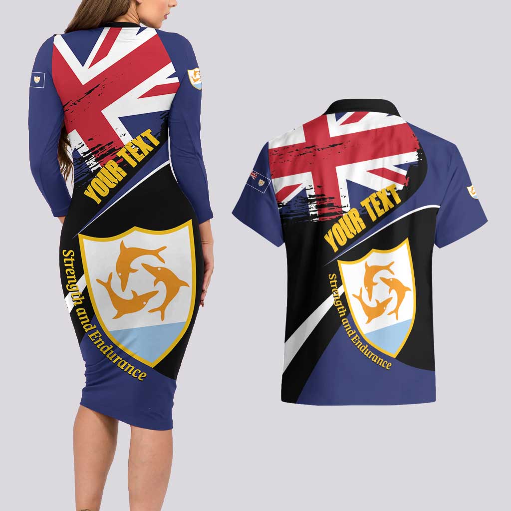 Personalised Anguilla Couples Matching Long Sleeve Bodycon Dress and Hawaiian Shirt Strength and Endurance Grunge