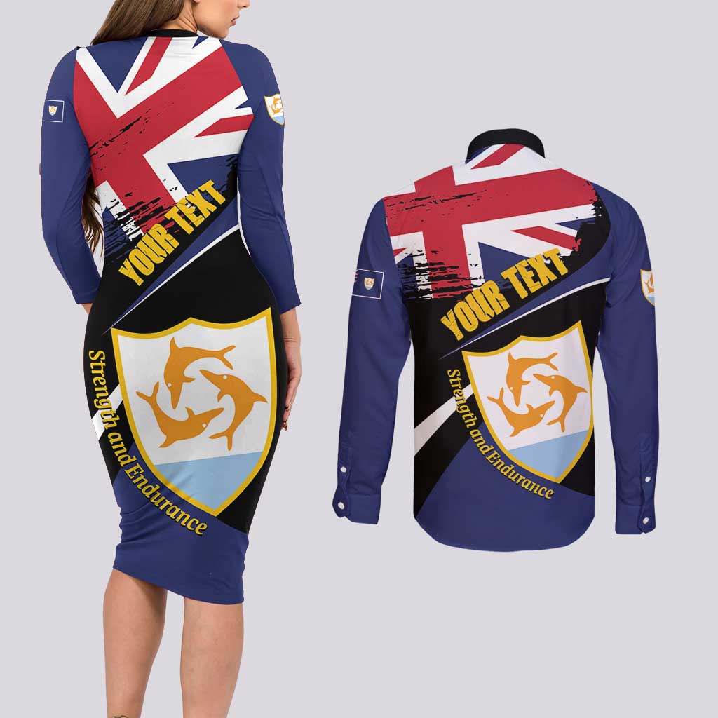 Personalised Anguilla Couples Matching Long Sleeve Bodycon Dress and Long Sleeve Button Shirt Strength and Endurance Grunge