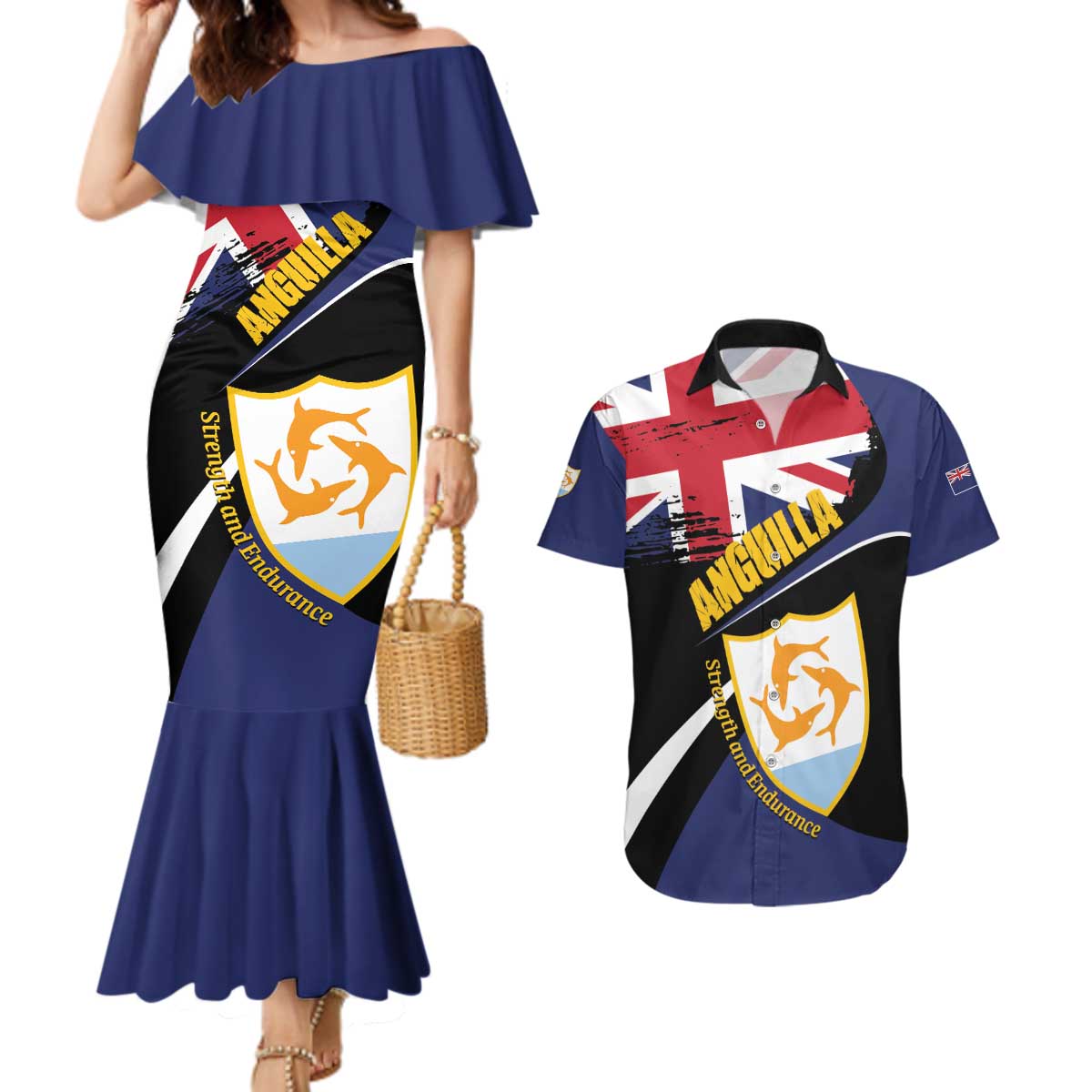 Personalised Anguilla Couples Matching Mermaid Dress and Hawaiian Shirt Strength and Endurance Grunge