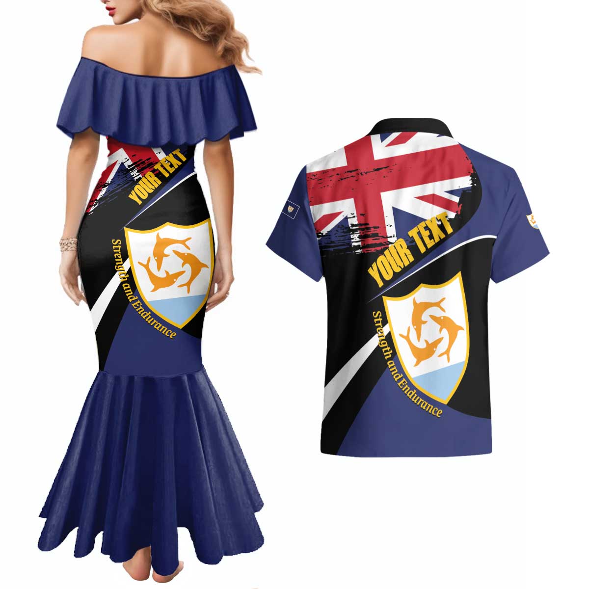 Personalised Anguilla Couples Matching Mermaid Dress and Hawaiian Shirt Strength and Endurance Grunge