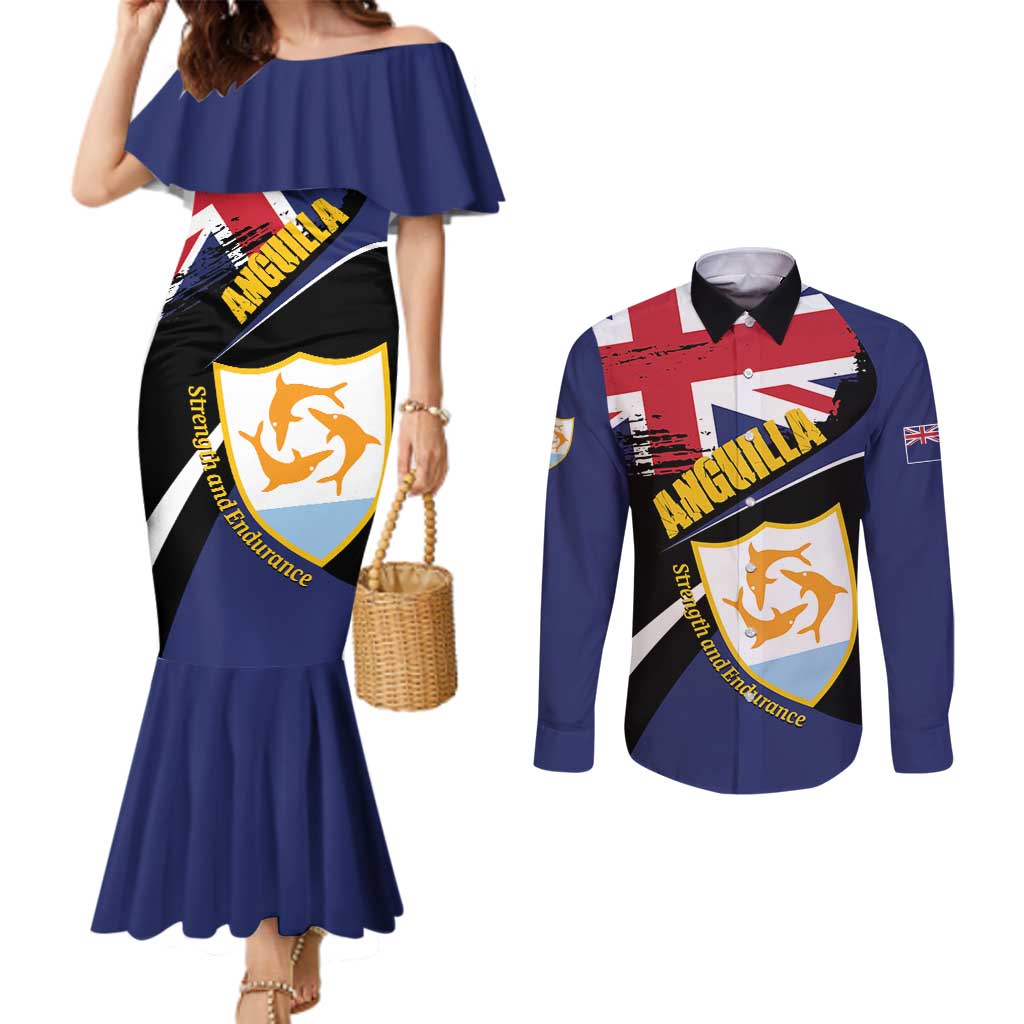 Personalised Anguilla Couples Matching Mermaid Dress and Long Sleeve Button Shirt Strength and Endurance Grunge