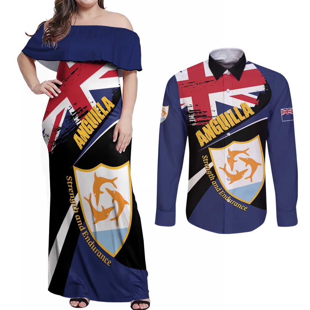 Personalised Anguilla Couples Matching Off Shoulder Maxi Dress and Long Sleeve Button Shirt Strength and Endurance Grunge