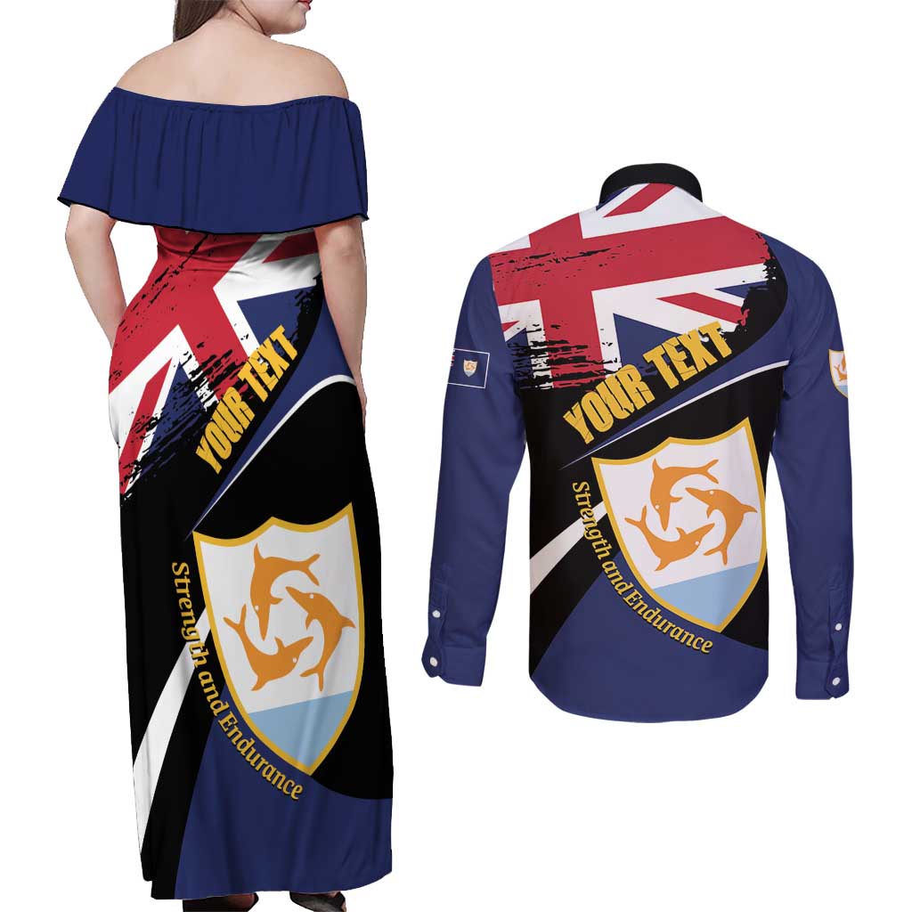 Personalised Anguilla Couples Matching Off Shoulder Maxi Dress and Long Sleeve Button Shirt Strength and Endurance Grunge