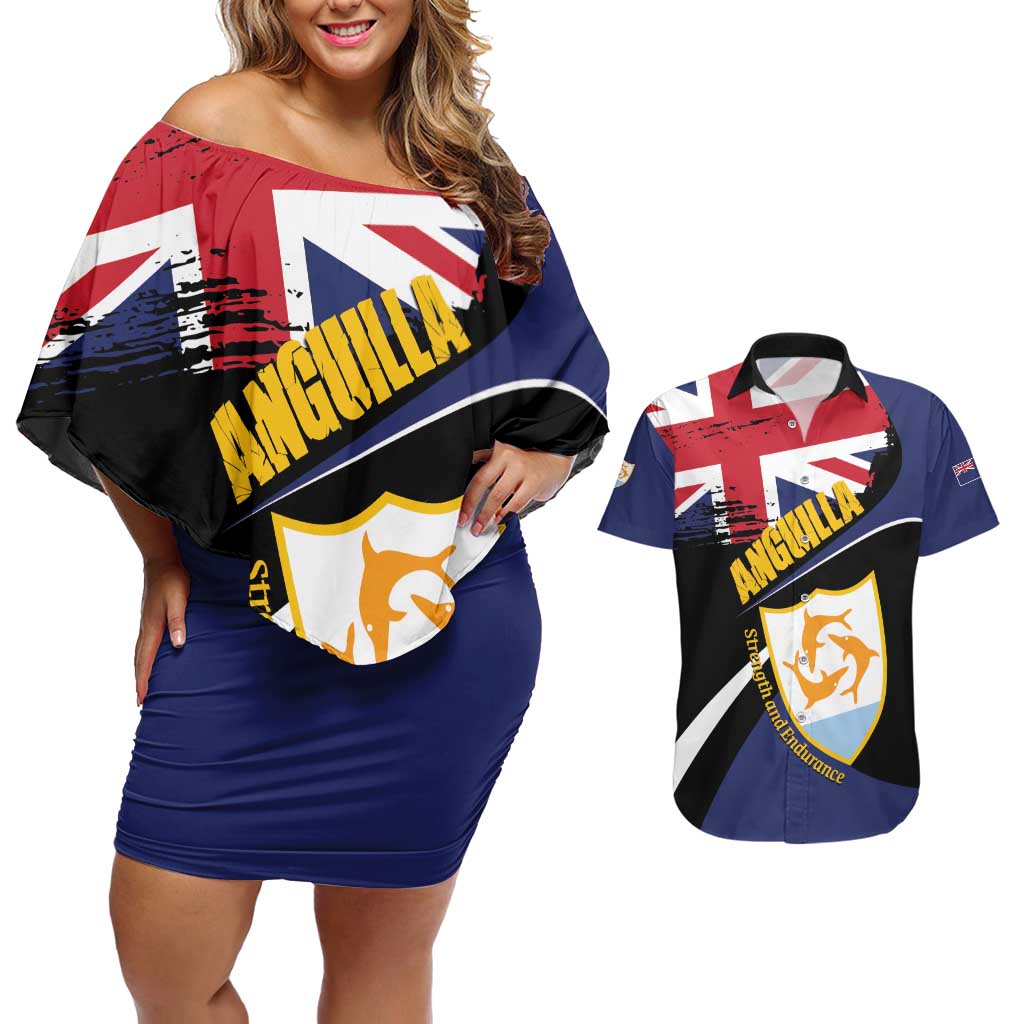 Personalised Anguilla Couples Matching Off Shoulder Short Dress and Hawaiian Shirt Strength and Endurance Grunge