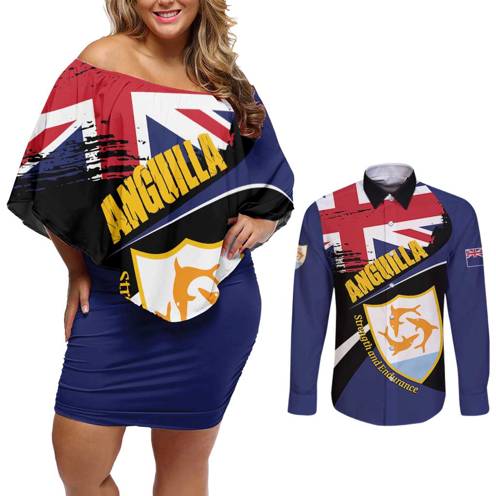 Personalised Anguilla Couples Matching Off Shoulder Short Dress and Long Sleeve Button Shirt Strength and Endurance Grunge