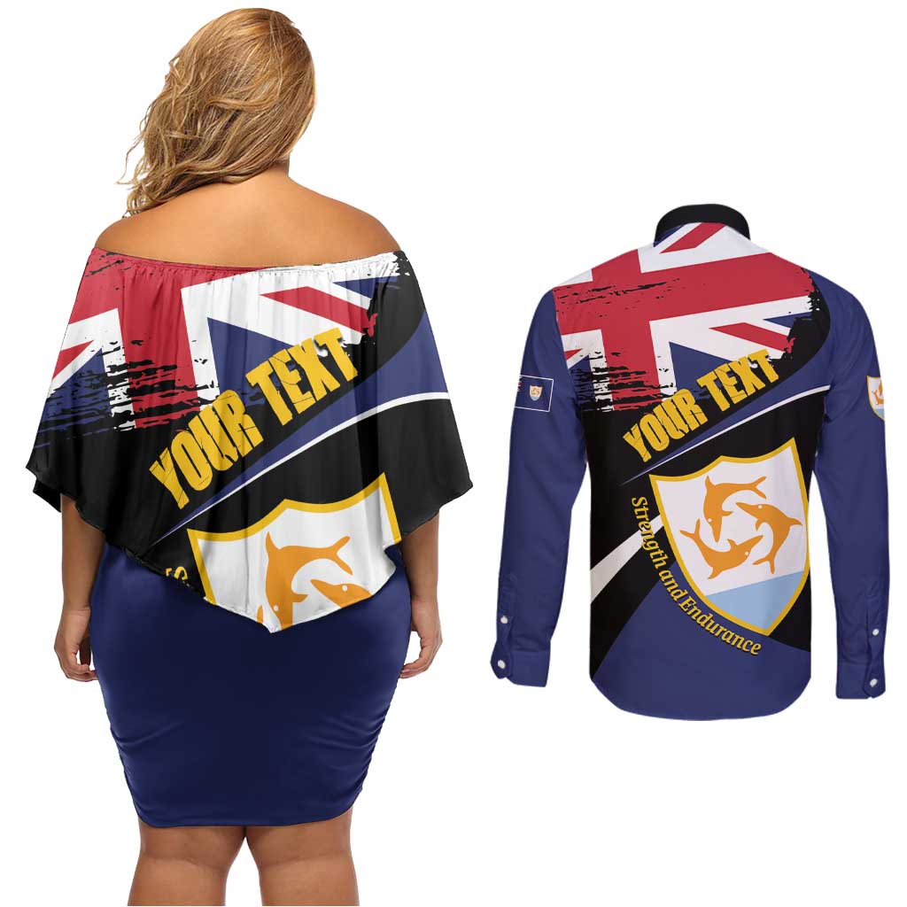 Personalised Anguilla Couples Matching Off Shoulder Short Dress and Long Sleeve Button Shirt Strength and Endurance Grunge