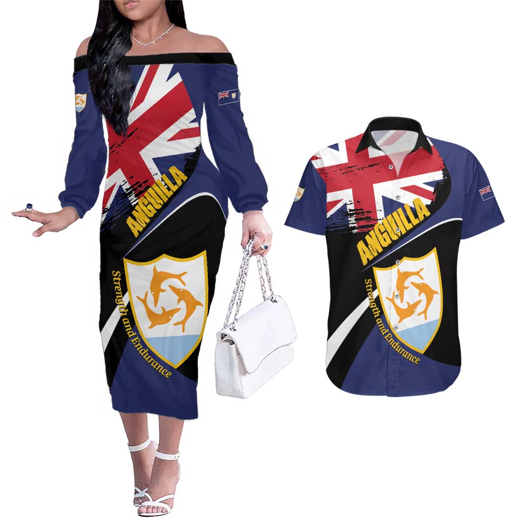 Personalised Anguilla Couples Matching Off The Shoulder Long Sleeve Dress and Hawaiian Shirt Strength and Endurance Grunge