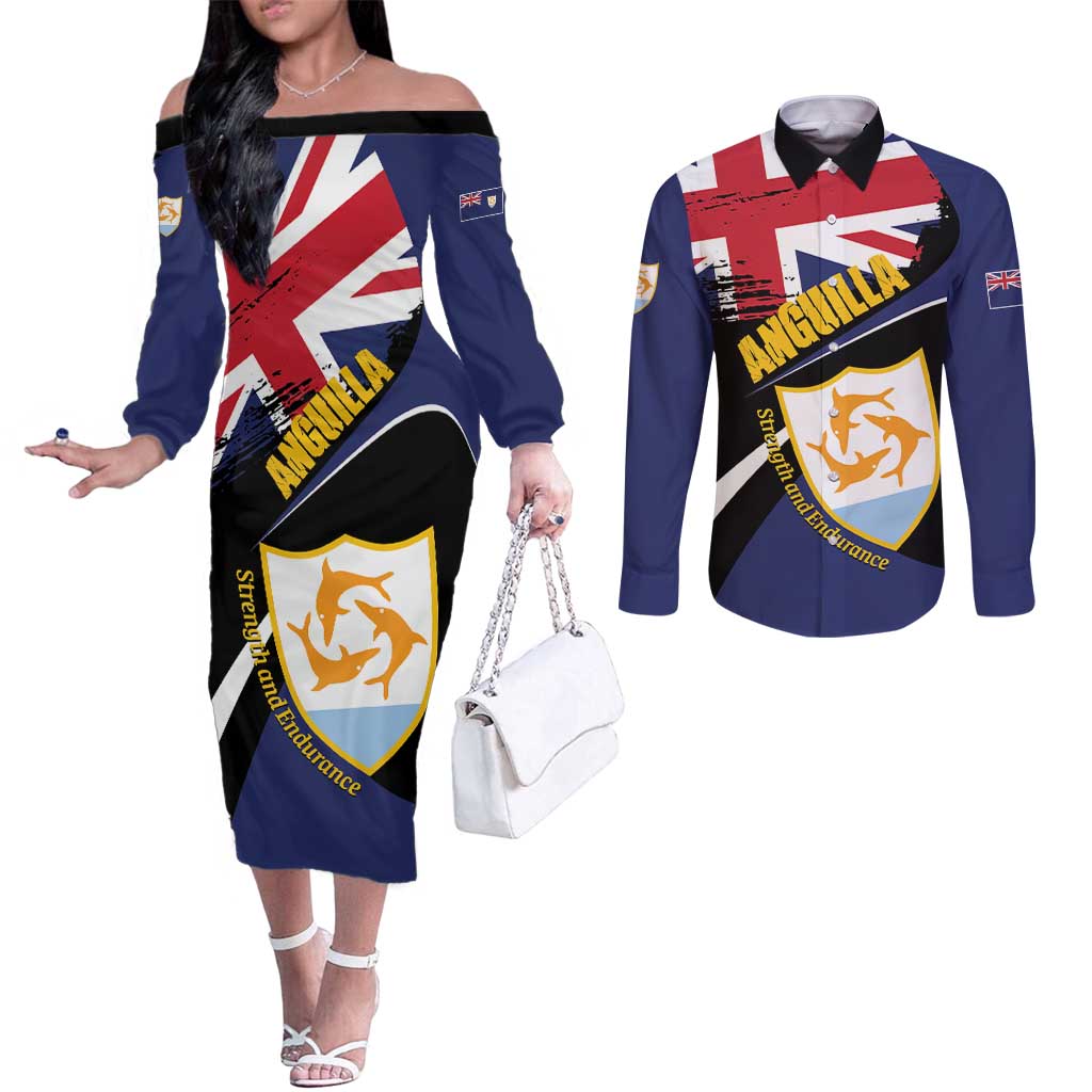 Personalised Anguilla Couples Matching Off The Shoulder Long Sleeve Dress and Long Sleeve Button Shirt Strength and Endurance Grunge
