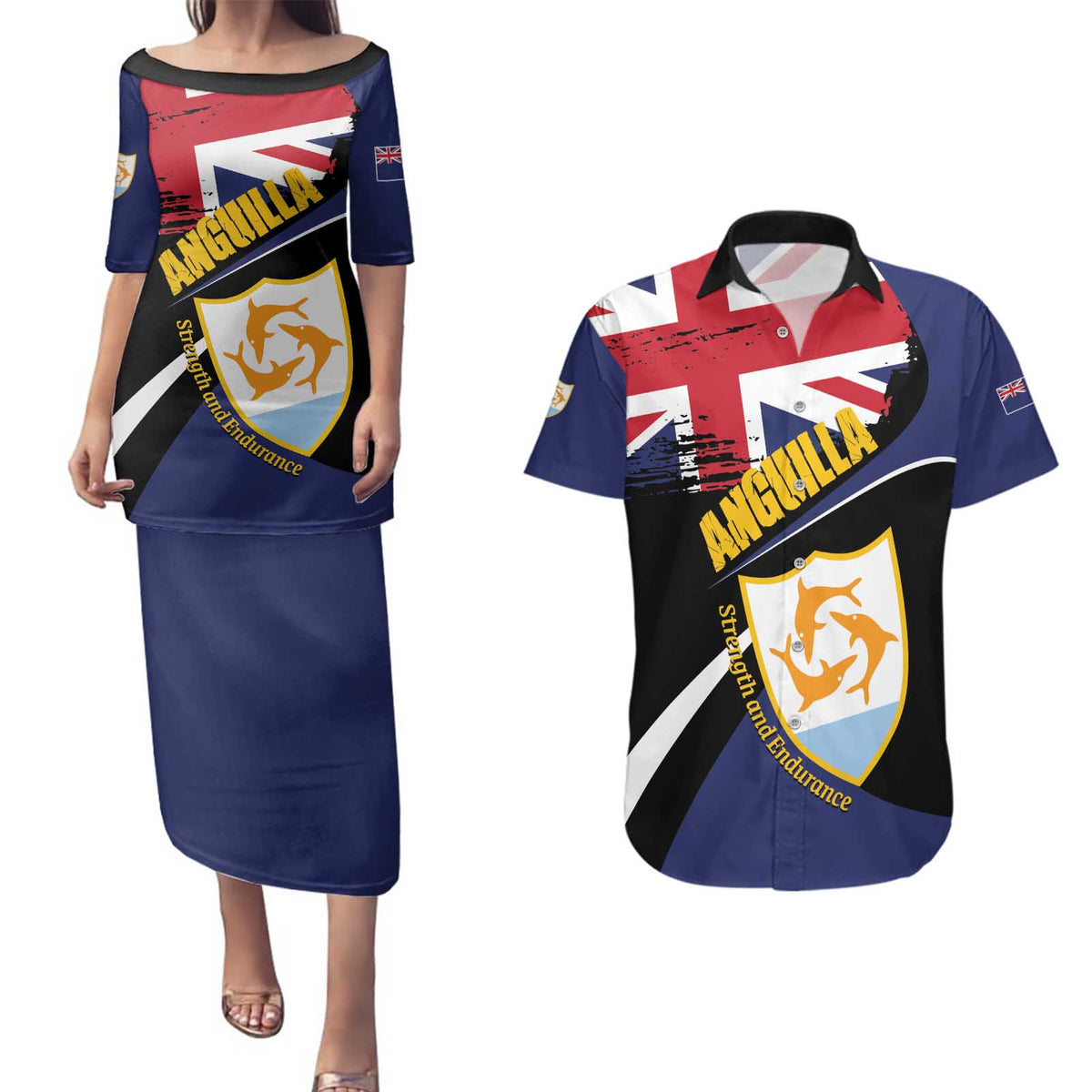 Personalised Anguilla Couples Matching Puletasi and Hawaiian Shirt Strength and Endurance Grunge